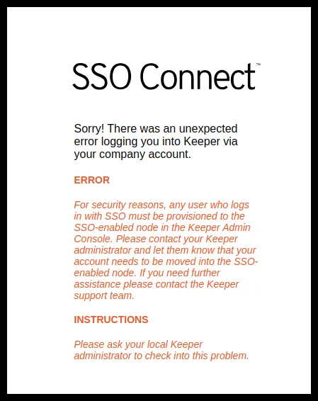 Mensaje de error de SSO Connect por usuario fuera del nodo configurado
