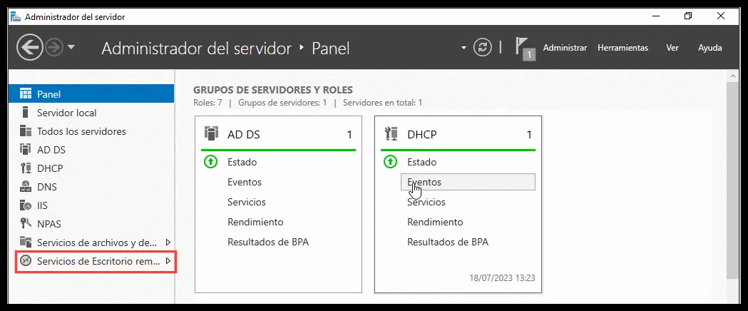 Servicios de Escritorio remoto en el Administrador del servidor