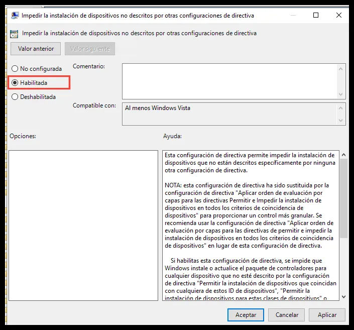 Directiva para impedir la instalación de dispositivos no aprobados