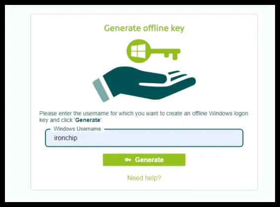 Pantalla Generate offline key con el campo Windows Username y el botón Generate