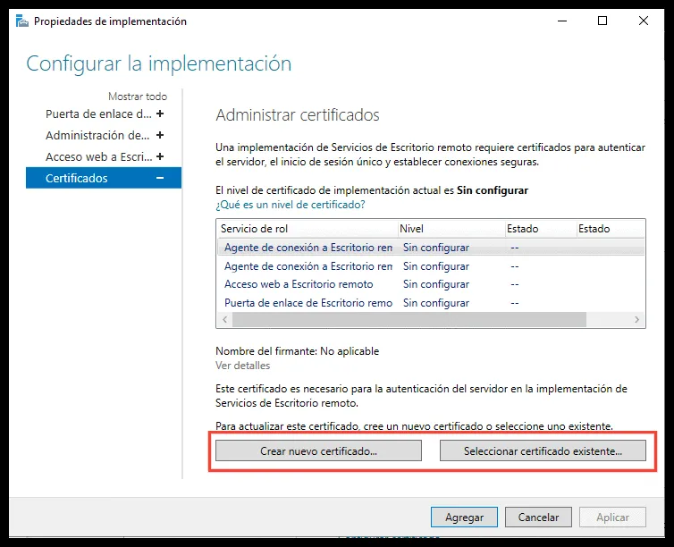 Opción para crear un certificado nuevo