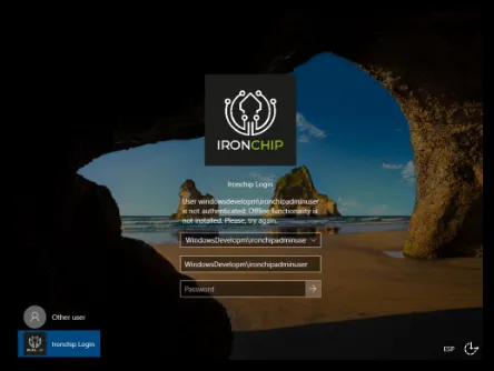 Pantalla de inicio de sesión de Windows con el aviso de que la función offline no está instalada