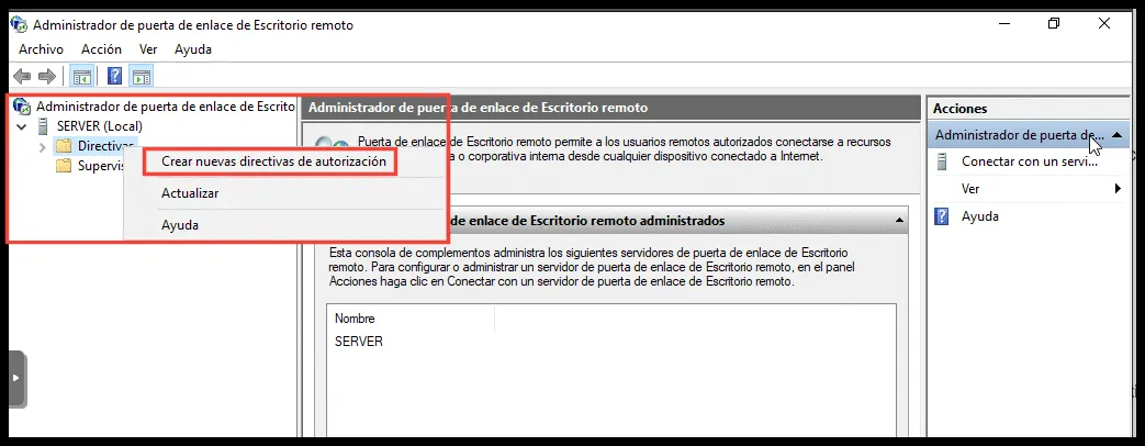 Menú contextual para crear una directiva nueva