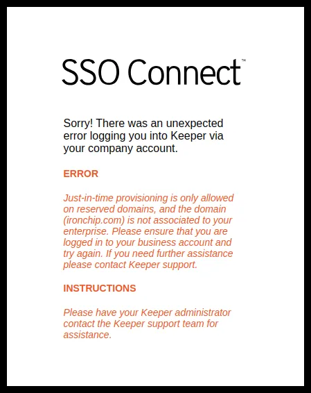 Mensaje de error de SSO Connect por dominio de correo no asociado