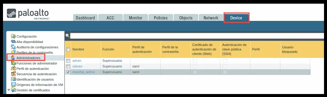 Device > Administrators section