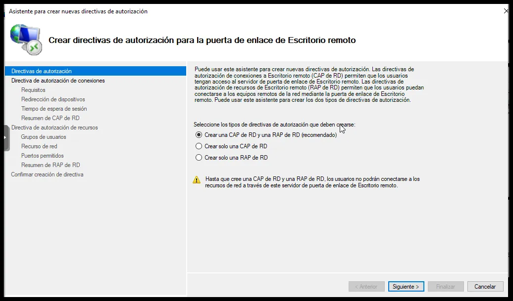 Asistente con la opción de crear RD CAP y RD RAP