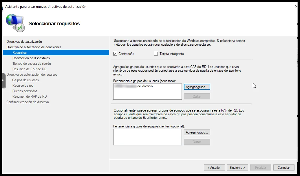 Grupos de usuarios de la directiva RD CAP