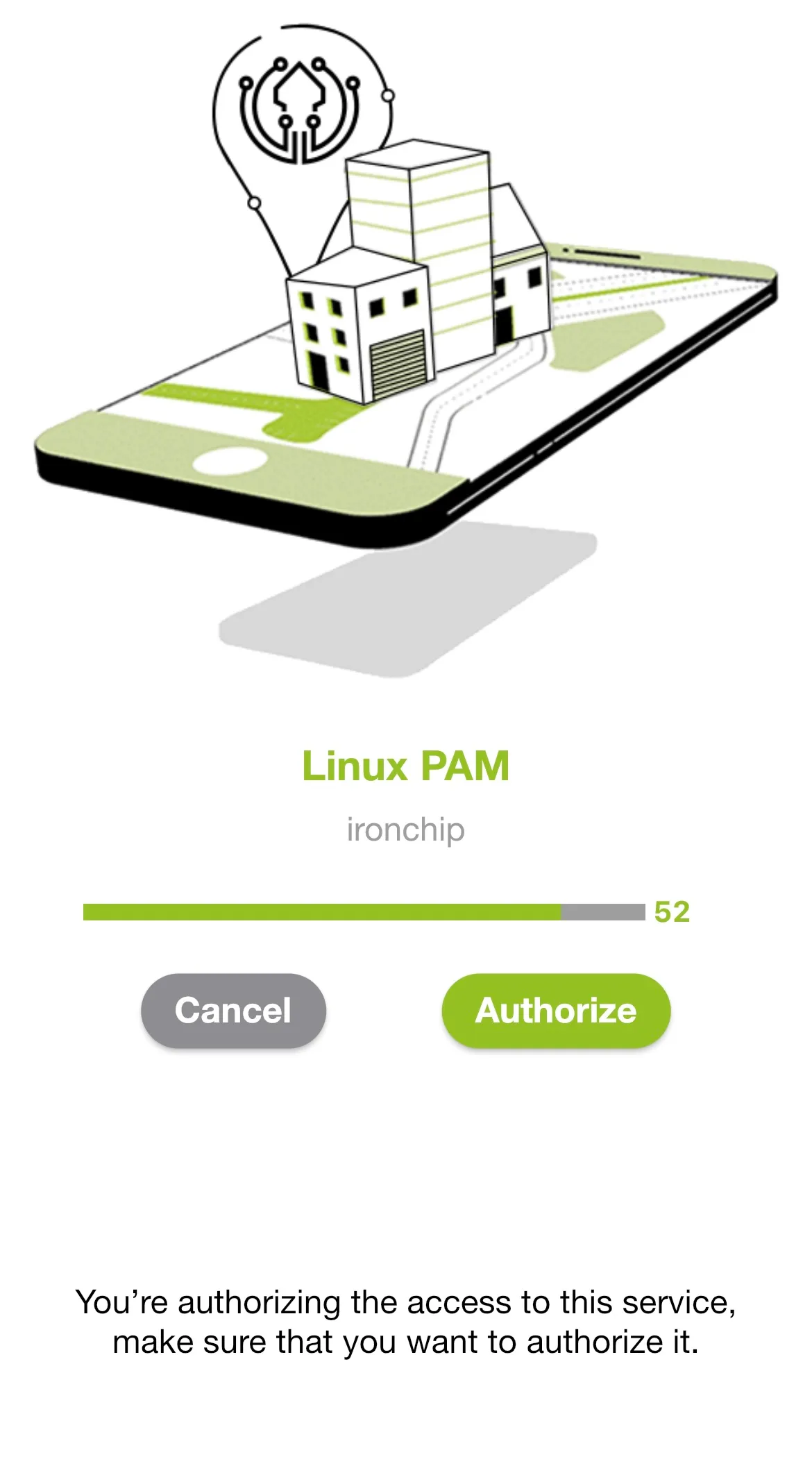 Linux PAM authorization screen in the mobile app, with the Cancel and Authorize buttons
