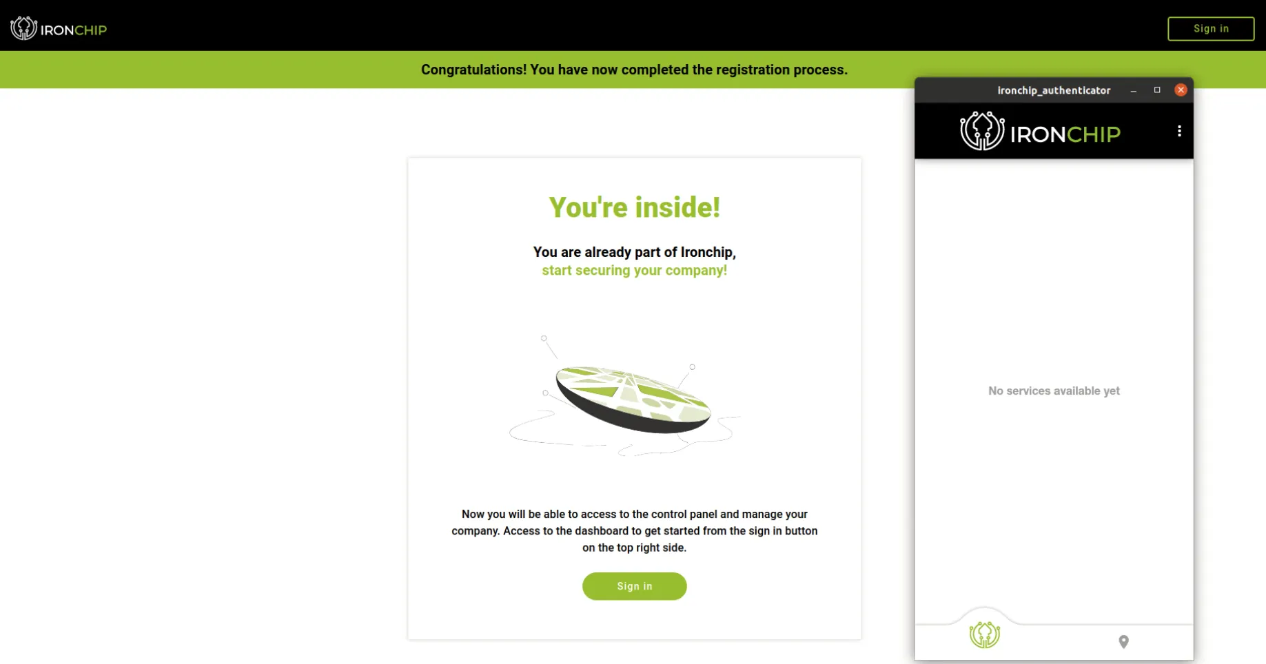 Enrollment confirmation screen in the desktop application