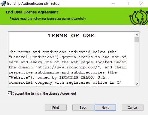 Pantalla de licencia del instalador con la casilla de aceptación