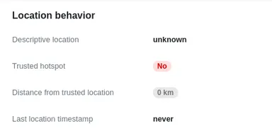 Location behavior block in the console with Descriptive location, Trusted hotspot, distance, and last timestamp