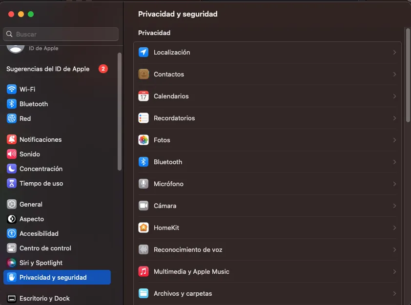 Ajustes del Sistema de macOS en Privacidad y seguridad, con la opción Localización