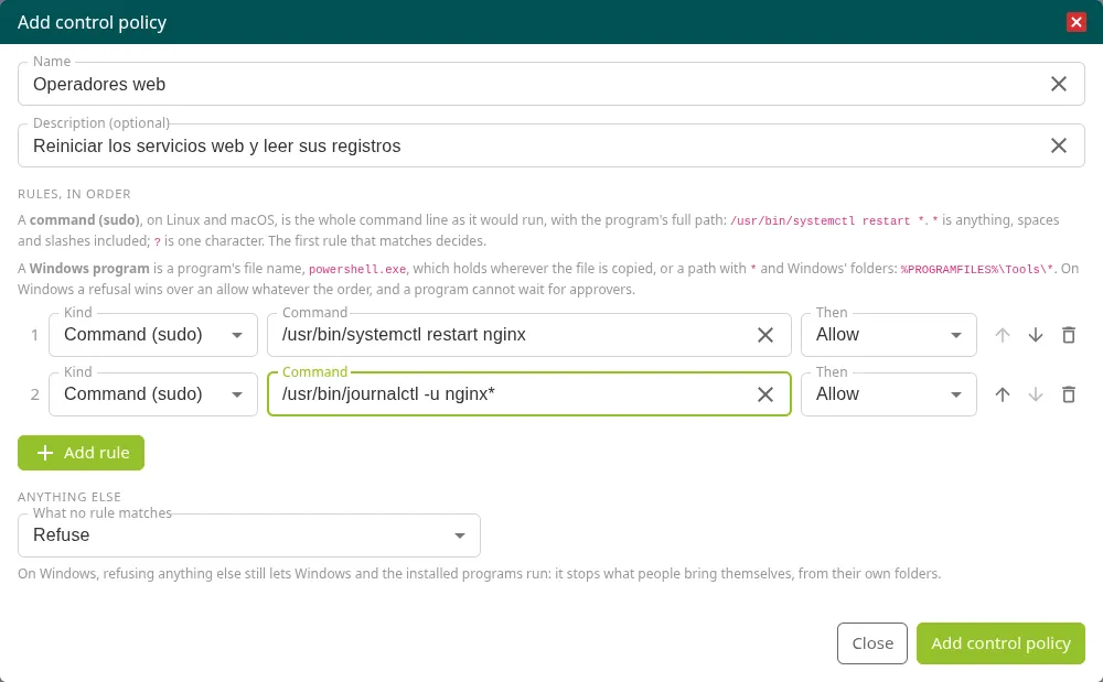 Ventana Add control policy con reglas de sudo permitidas, rechazadas y que piden aprobación