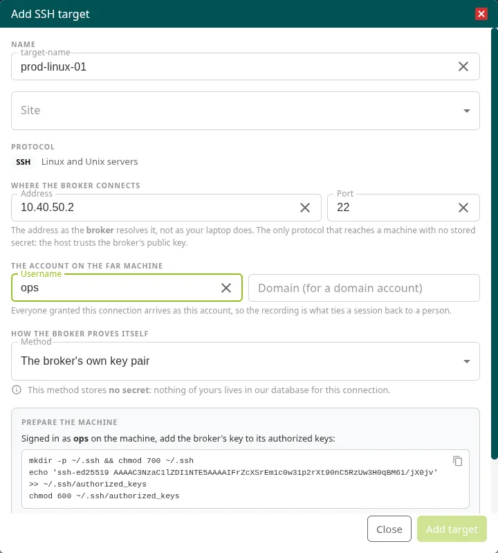 Ventana Add SSH target con el nombre, el sitio, la dirección, la cuenta y el método