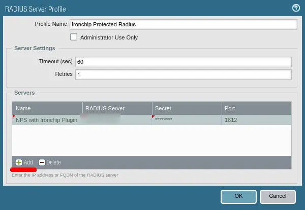 RADIUS Server Profile window with the timeout, retries and the NPS server