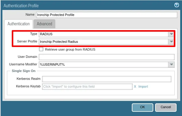 Authentication tab of the profile with the RADIUS type and the server profile