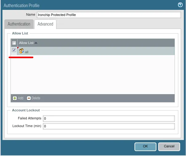 Advanced tab with all in the Allow List