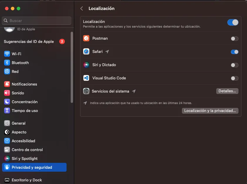 Pantalla Localización de macOS con el interruptor de Safari activado
