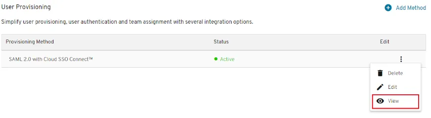 User Provisioning list in the Keeper admin console with the Add Method button and the three-dot menu of the SSO Connect Cloud method with View highlighted