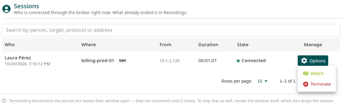 Página Sessions con una persona conectada por SSH y el menú Options abierto con Watch y Terminate
