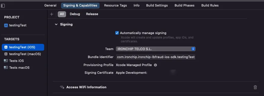 Pestaña Signing & Capabilities de Xcode con la capacidad Access WiFi Information