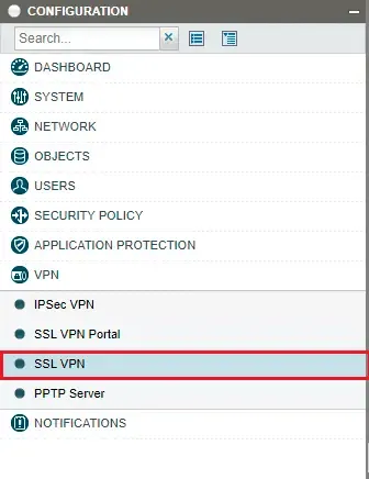 Menú Configuration con VPN > SSL VPN seleccionado