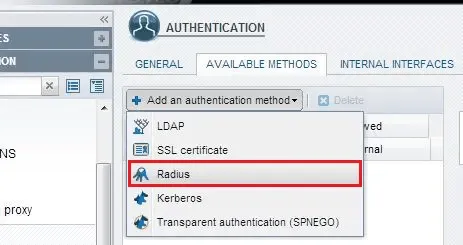 Menú Add an authentication method con la opción Radius