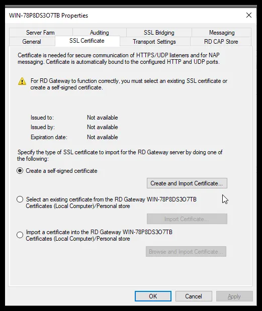 Opción para crear un certificado autofirmado