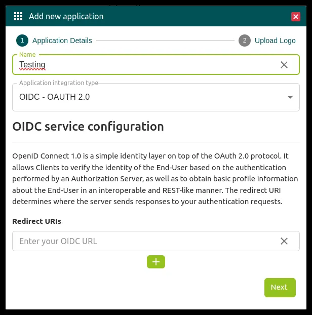 Formulario de alta de la aplicación con el tipo de integración OIDC - OAUTH 2.0 y el campo Redirect URIs