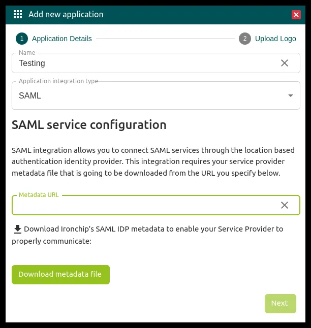 Formulario de alta de la aplicación con el tipo SAML, el campo Metadata URL y el botón Download metadata file