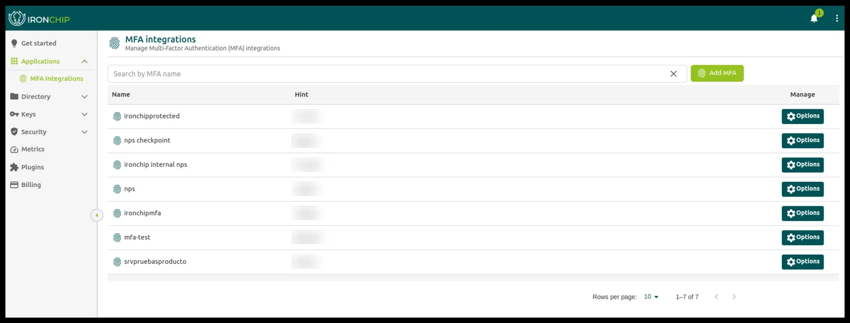 MFA Integrations section, under Applications, with the Add MFA button