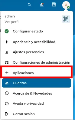 Menú de perfil de Nextcloud con la opción Aplicaciones