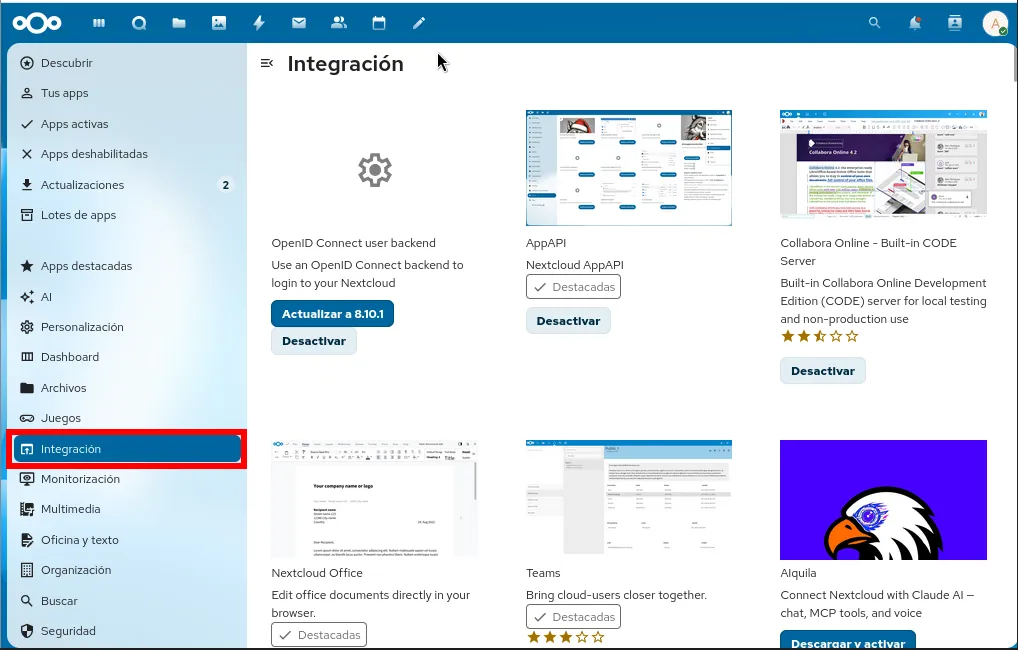 Categoría Integración en la lista de aplicaciones de Nextcloud