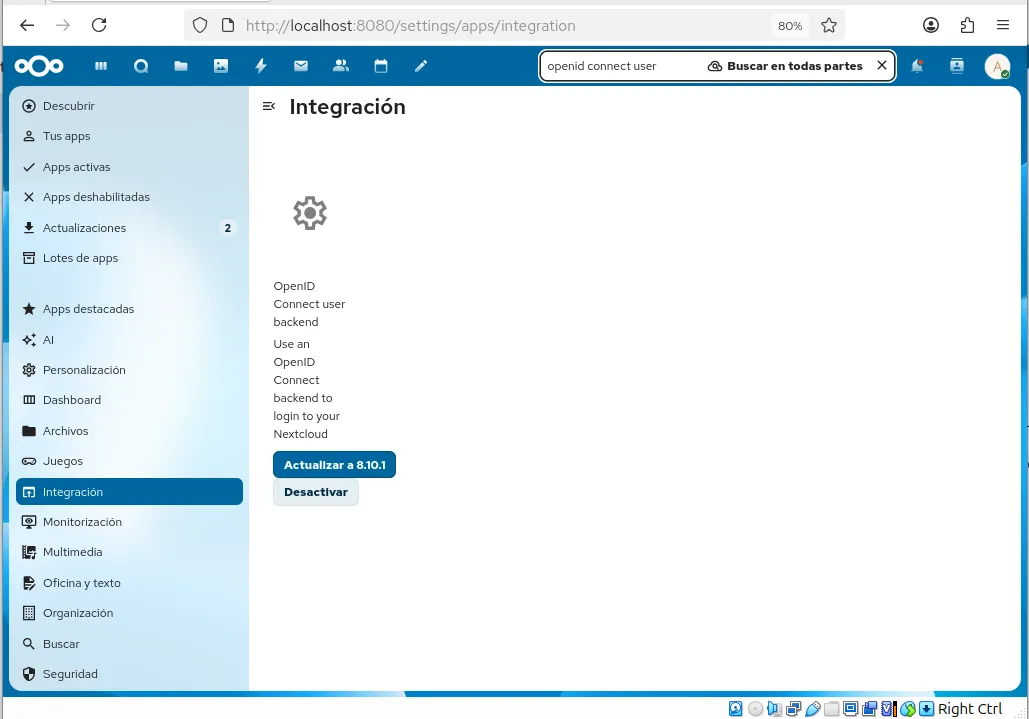 Aplicación OpenID Connect user backend con el botón Descargar y activar