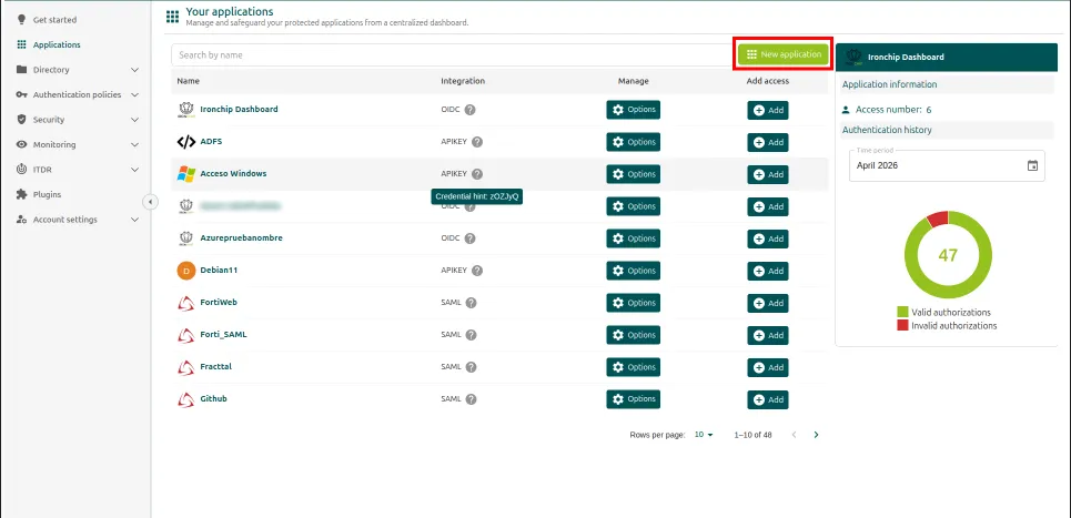 Botón New Application en la sección Applications de la consola de Ironchip