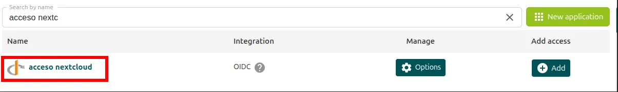 Aplicación recién creada en la lista de aplicaciones