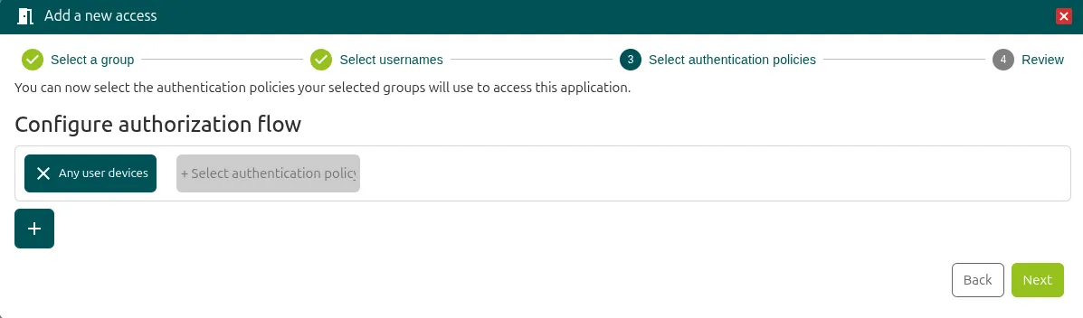 Paso Select authentication policies con la política Any user devices