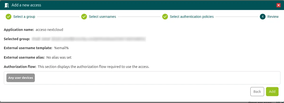 Resumen Review del acceso con el usuario, la plantilla %email% y la política Any user devices