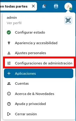 Menú de perfil con Configuración de administración