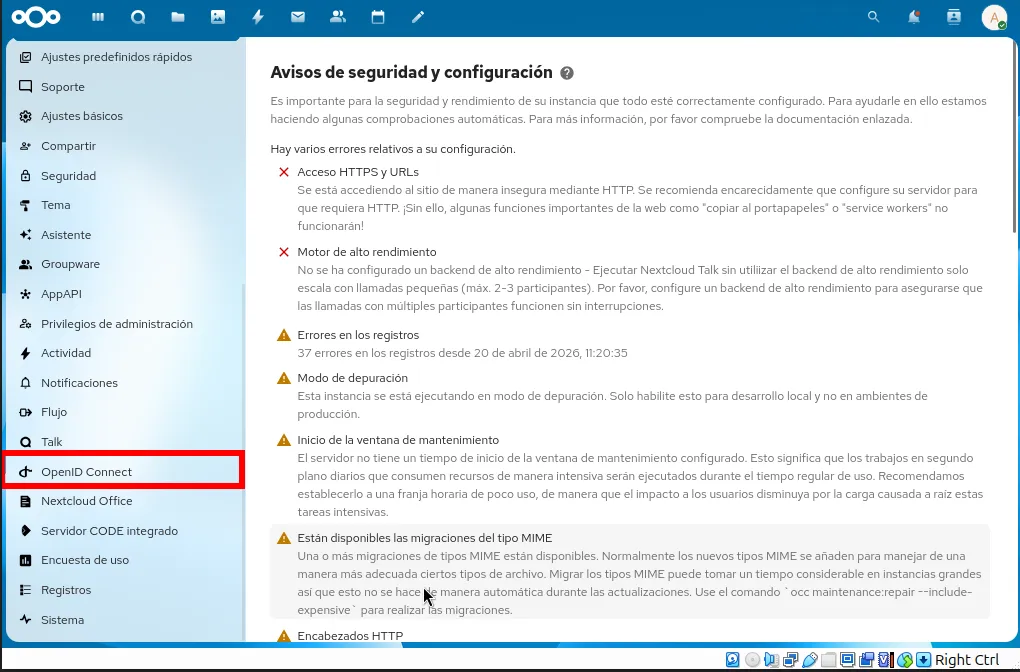 Sección OpenID Connect en la configuración de administración