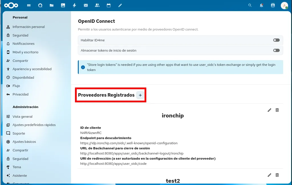 Apartado Proveedores Registrados con el botón + para crear un registro nuevo