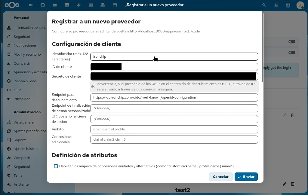 Formulario del proveedor con el identificador, el ID y el secreto del cliente y el endpoint de descubrimiento