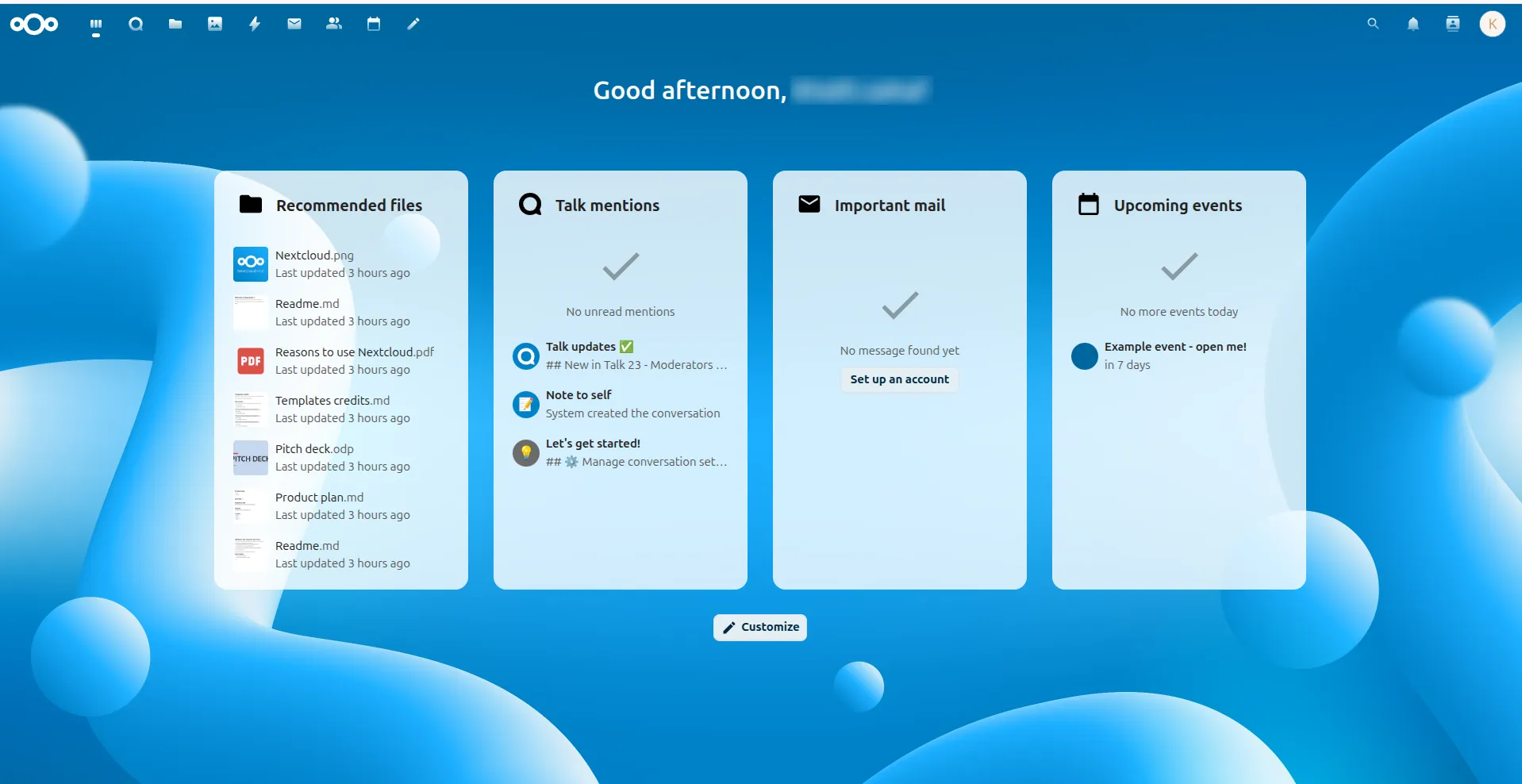 Panel principal de Nextcloud tras iniciar sesión