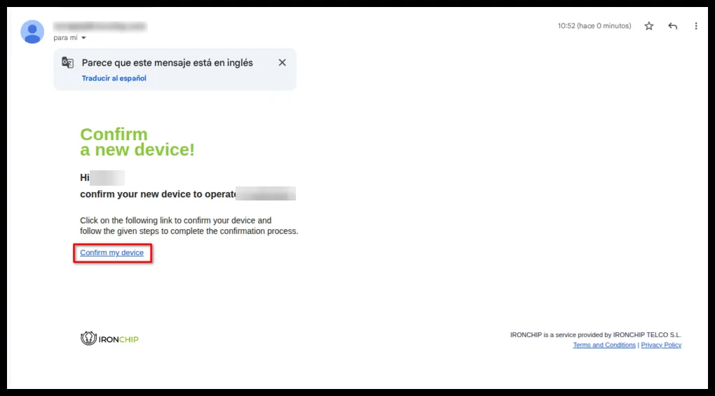 Correo de invitación con el enlace para confirmar el nuevo dispositivo