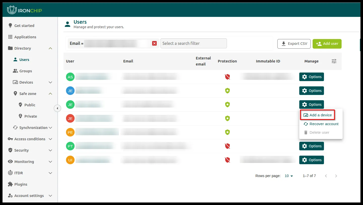 Opción Add a device en el menú Options de un usuario de la consola