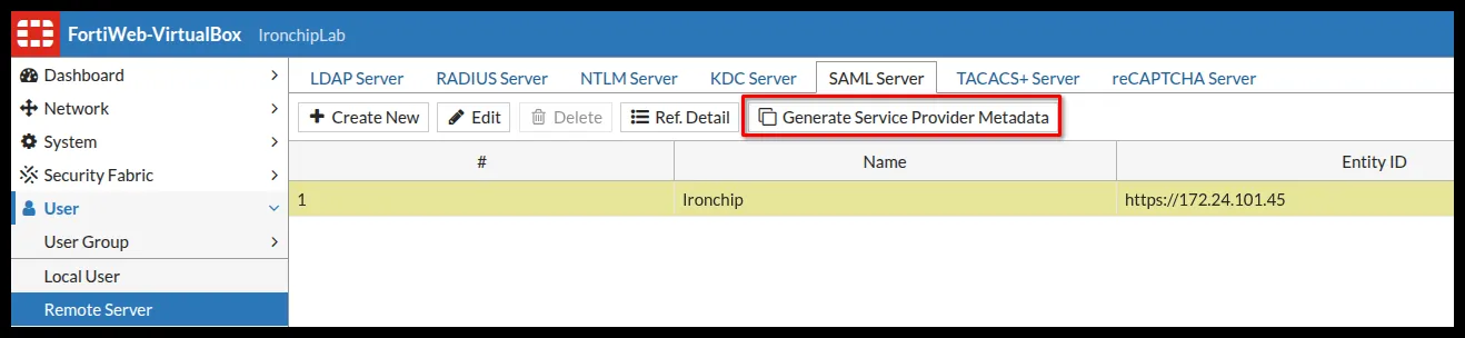 Opción Generate Service Provider Metadata