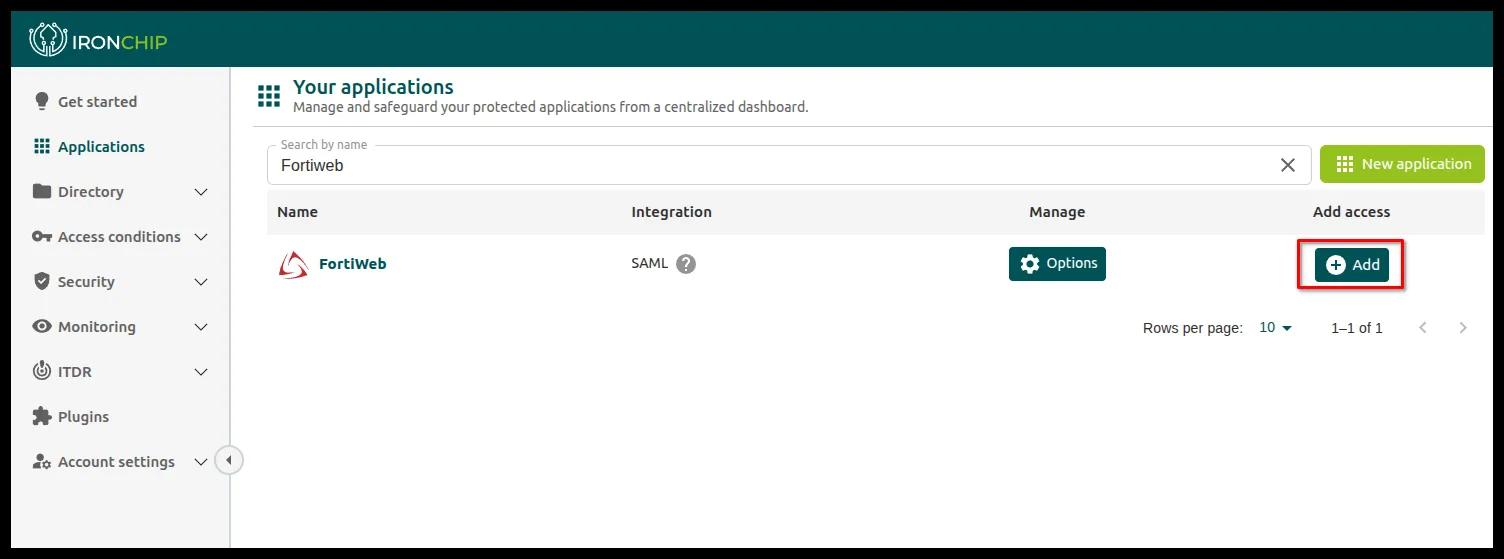 Botón Add para dar acceso en la aplicación de FortiWeb