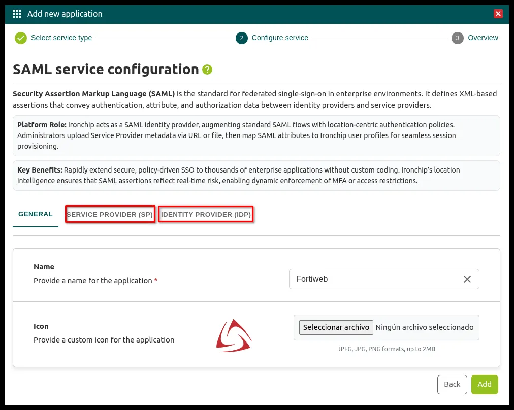 Apartados Service Provider e Identity Provider de la aplicación
