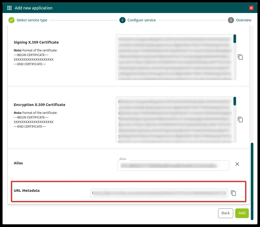 Campo URL Metadata al final del apartado Identity Provider de la aplicación de Ironchip