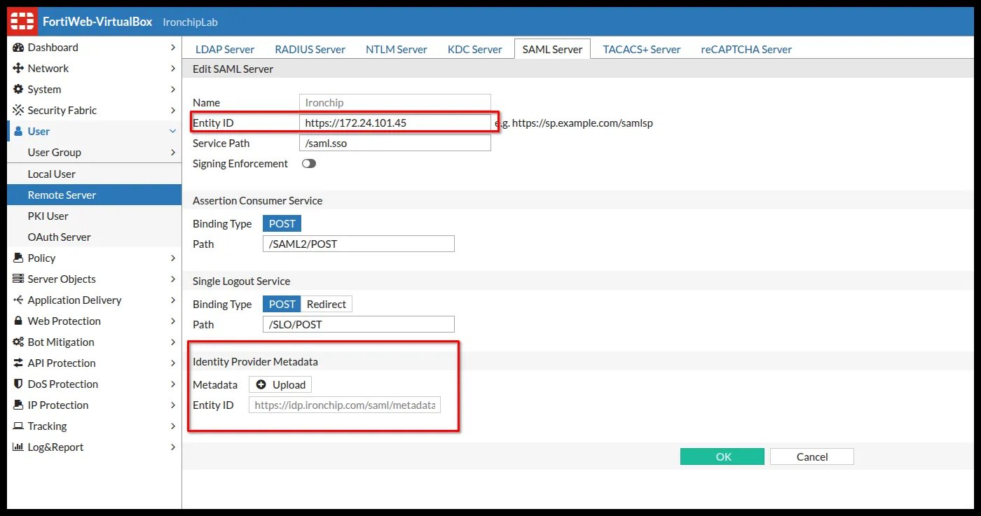 Servidor SAML de FortiWeb con el Entity ID y el botón Upload de Identity Provider Metadata